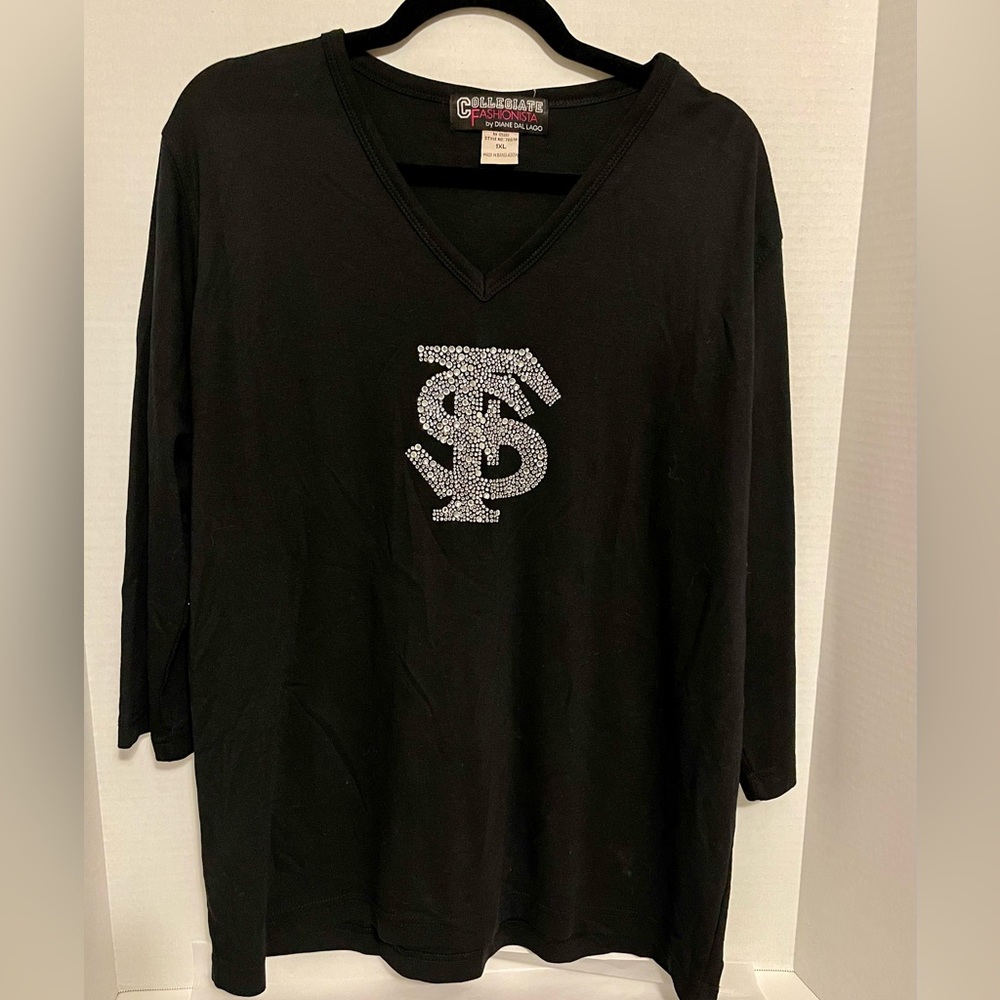Collegiate Fashionista Rhinestone San Francisco 3/4 Sleeve Black Tee 1XL (D-25)